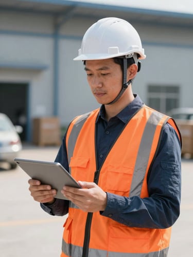 Professional risk prevention specialist in a clean industrial warehouse, wearing a white hard hat and high-visibility safety orange vest, holding a digital tablet, natural daylight, sharp focus