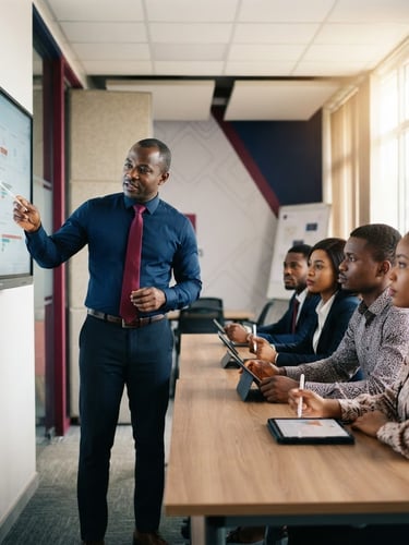 Medium-close shot of a modern training classroom in Douala, a professional instructor pointing to a clean financial dashboard on a screen, Central African students taking notes on tablets, bright natural daylight, 35mm lens.