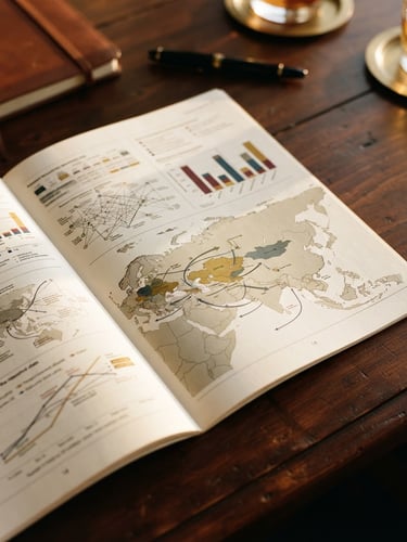A close-up of a high-level diplomatic briefing document on a dark wooden table, warm golden-hour light streaming across the pages, highlighting rigorous analytical charts and maps, shallow depth of field, 35mm film.