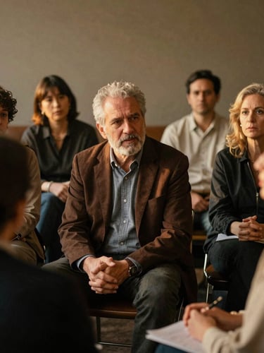 Dignified environmental portrait of community leaders in discussion, soft warm golden-hour light, rich muted earth tones, 35mm film