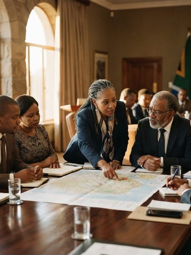 A high-level diplomatic roundtable in Pretoria, warm golden-hour light filtering through large windows, focused faces of African delegates examining strategic maps, rich muted earth tones, 35mm film.