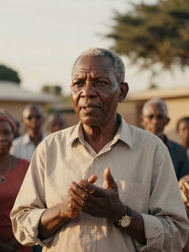 A dignified portrait of a community leader speaking at a neighborhood gathering in South Africa, warm golden-hour light, rich earth tones, shallow depth of field, 35mm film style.
