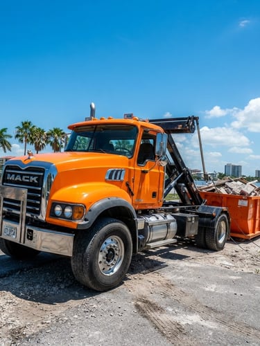 Low-angle heroic shot of a clean safety-orange roll-off dumpster truck operating in Sarasota under bright Florida sunlight, wide-angle lens, sharp shadows.