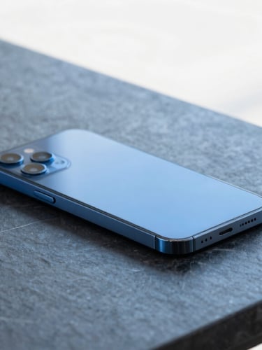 Minimalist editorial photograph of a sleek smartphone resting on a dark slate marble table, soft blue light casting elegant shadows, 35mm lens