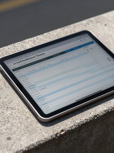 Macro close-up of a tablet screen on a concrete ledge, displaying a real-time field workforce timesheet matched with construction project accounting codes under direct sunlight.