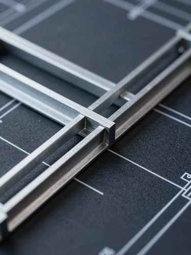 Macro close-up of a structured blueprint drawing, sharp white lines on deep slate background, hard direct light, geometric steel beams visible.