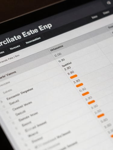 Macro close-up of a dark-mode real estate ERP interface showing a unified property ledger, sharp grid lines, safety orange data points, technical typography.