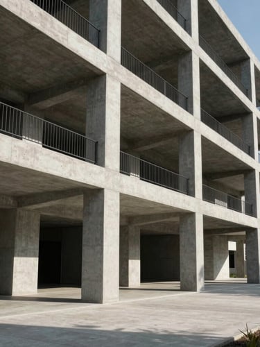 Wide geometric architectural shot of a modern concrete and steel development under hard direct sunlight, casting sharp structural shadows.