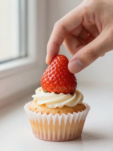 Close-up macro shot of a hand carefully placing a fresh strawberry on a small, perfectly piped Chantininho cupcake, soft side window light, shallow depth of field, pastel tones, warm editorial food photography.