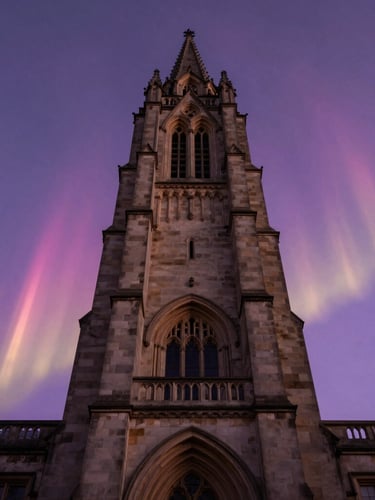 Dramatic low-angle shot of classical stone university tower reaching into a deep purple twilight sky illuminated by soft pink and gold aurora light trails, majestic composition.