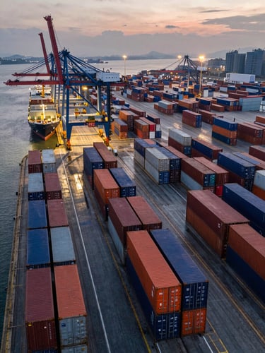 Overhead wide shot of a busy container port at dusk, rows of stacked shipping containers in deep navy and orange, electric-blue crane lighting reflecting on wet tarmac, a cargo vessel visible at the far left dock, expansive logistics infrastructure stretching to the horizon