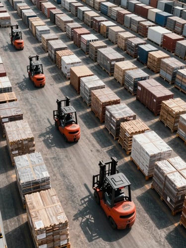 Overhead panoramic view of a large international freight warehouse, rows of palletised cargo, forklifts in motion along marked aisles, natural daylight flooding through skylights, sharp shadows creating a grid pattern across the floor