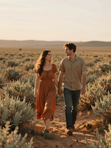 Candid environmental portrait of a couple walking hand-in-hand through a sunlit sagebrush field, warm golden-hour light, terracotta tones, shallow depth of field, 35mm