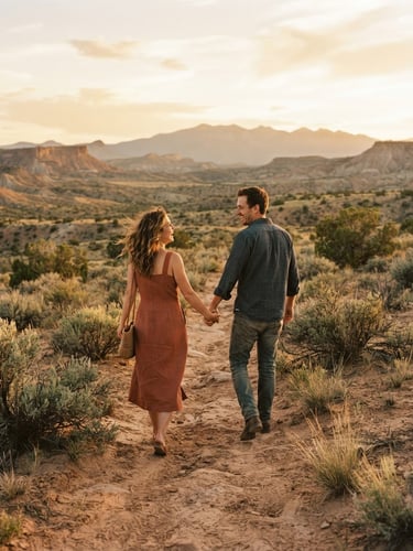 Candid environmental portrait of a couple holding hands in a vast New Mexico desert at golden hour, warm terracotta light, sagebrush in the background, 35mm photography