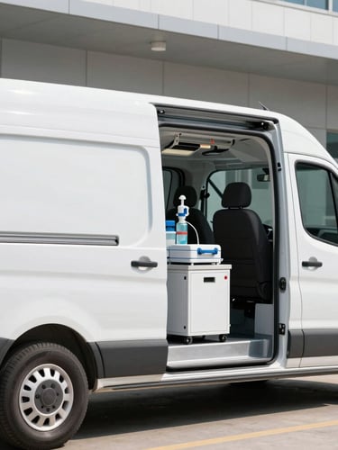 A pristine white medical delivery van parked outside a modern clinical facility in bright neutral daylight, side door open revealing organized clinical equipment.