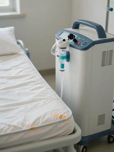 Pristine clinical-grade oxygen concentrator and low-air-loss mattress prepped in a bright, clean, neutral daylight staging area, sanitized seals visible.
