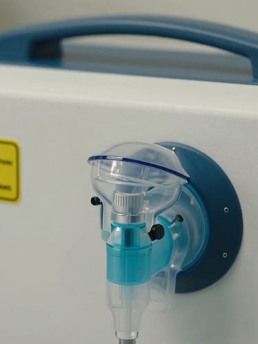 A close-up shot of a sanitized clinical-grade oxygen concentrator with a high-visibility quality assurance seal in a neutral daylight setting