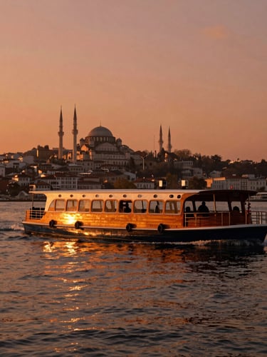 An elegant wooden water taxi cruising the Bosphorus at golden hour, deep terracotta sunset reflecting on the water, historic Istanbul skyline soft in the background, cinematic 35mm composition.