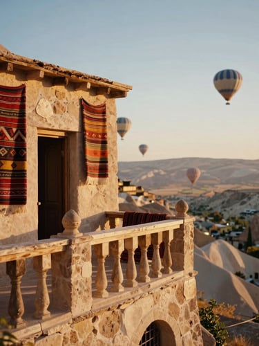 Cinematic 35mm portrait of a sun-drenched private stone balcony in Cappadocia, warm golden hour light illuminating hand-woven Turkish textiles and a distant hot air balloon.