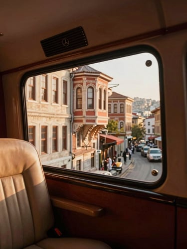 A private Mercedes luxury transport interior, looking out through the window at the historic streets of Karakoy, Istanbul, soft afternoon light.