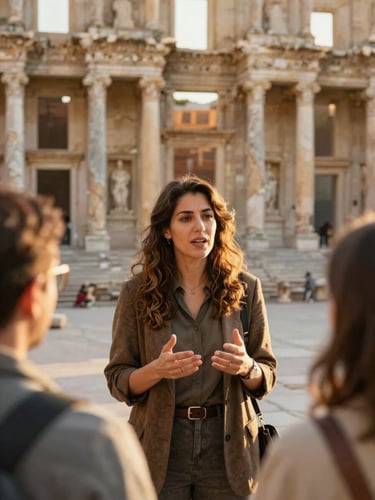 A candid portrait of a female Turkish archaeologist in her late 30s, speaking warmly to guests among the ancient stone columns of Ephesus, soft golden morning light.