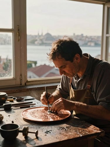 A quiet, sunlit rooftop workshop in Istanbul, a master silversmith working on an intricate copper plate, dust motes floating in the warm light, Bosphorus visible through the window.
