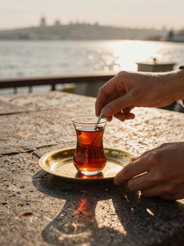 A close-up of hands serving traditional Turkish tea in a tulip-shaped glass on a brass tray, warm morning sunlight casting long shadows on a textured stone terrace overlooking the Bosphorus.