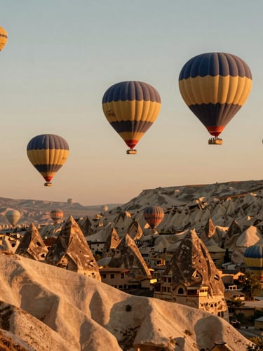 Cinematic golden hour wide shot of hot air balloons drifting over Cappadocia's fairy chimneys, warm terracotta and sand tones, editorial travel photography.