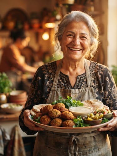 A warm, inviting portrait of a family member (e.g., a grandmother or chef) smiling, holding a platter of fresh falafel, bathed in golden-hour sunlight, shallow depth of field.