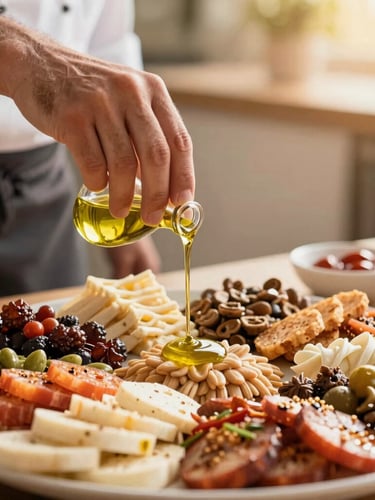 Portrait-oriented shot of a chef's hands carefully drizzling olive oil over a freshly prepared mezze platter, warm natural daylight, shallow depth of field.