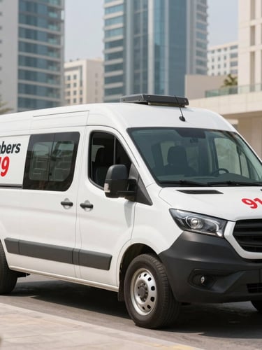 Crisp commercial photography of a clean, branded Plumbers 911 service vehicle parked outside a modern high-rise in Jumeirah Lakes Towers, bright daylight, sharp focus.
