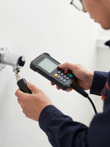 Close-up of a professional technician in a clean dark navy uniform with orange trim, using specialized digital leak detection equipment on high-end chrome fixtures, bright indoor light.