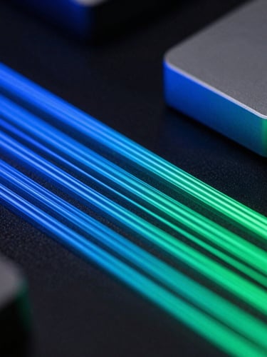 Abstract glowing data streams and clean geometric device mockups, dark ambient studio lighting, neon blue accents, sharp focus