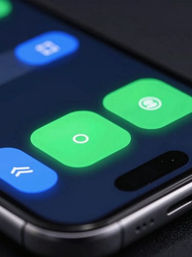 Macro shot of a mobile screen showing a highly polished, high-contrast game interface with glowing neon green touch zones, 35mm lens.