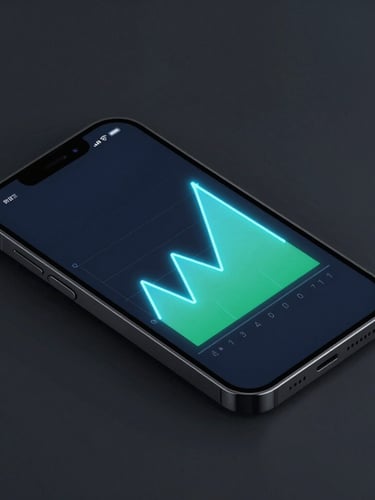 Angled isometric mockup of a smartphone interface displaying a clean vector data graph, glowing neon blue lines, dark ambient studio background.