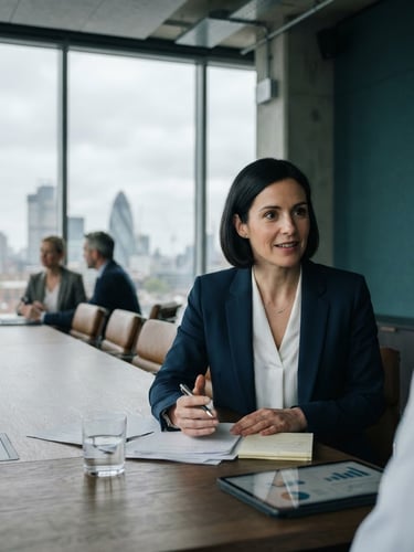 A professional environmental portrait of a UK regulatory advisor in a structured, daylight-filled boardroom, cool overcast British daylight, deep teal tones, sharp focus.