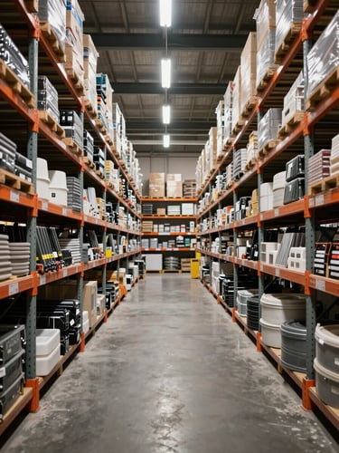 Wide straight-on view of an organized warehouse interior, rows of shelved building hardware and packaged goods under bright industrial lighting, no people, strong geometric depth