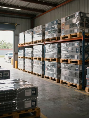 Wide environmental shot of an organized warehouse receiving area — pallets of boxed hardware stacked on racking with clear labeling visible, natural daylight streaming through a loading dock, no people