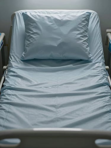 Close-up straight-on shot of a hospital bed headboard and mattress covered in smooth vinyl antimicrobial upholstery fabric, clinical blue-gray tone, studio strobe lighting revealing material texture and seam stitching, no people
