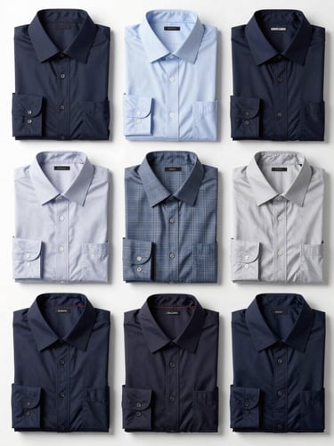 Overhead catalog-view flat lay of neatly folded corporate shirts, uniform jackets, and wholesale fashion garments arranged in organized rows on a clean white surface, studio strobe lighting, straight-on top-down framing, fabric texture visible