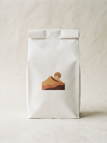 Minimalist studio photography of Arpo Café Especial White 250g package, textured off-white background, soft diffused daylight, warm earth tones, editorial composition, 50mm lens