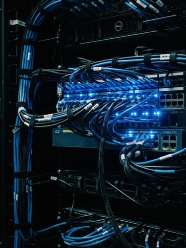 Macro details of structured cabling in a dark server rack, sharp electric blue LED status lights, ultra-clean cable management, 35mm technical photography