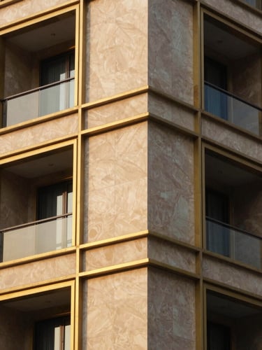 Close-up architectural detail of a luxury apartment building facade in Delhi, featuring champagne gold metal cladding, warm golden-hour shadow play, premium stone finishes
