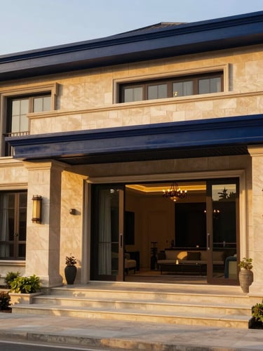 Warm editorial architectural photography of a luxury modern Indian villa exterior at golden hour, deep navy accents, sun-drenched stone facade, 35mm lens