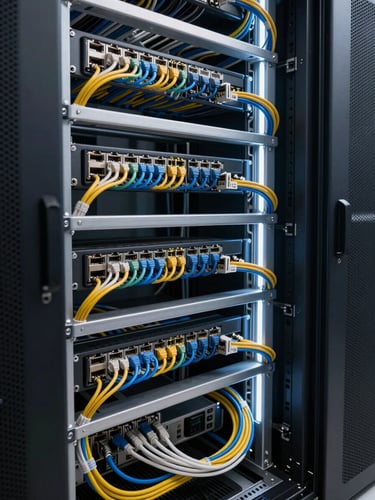 Close-up wide shot of a neat structured cable management run inside a commercial server rack, colour-coded ethernet and power cables bundled and labelled, cool white LED lighting illuminating the organised conduit, framed from a slightly low angle showing depth into the rack bay