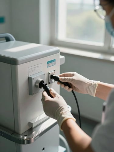 Close-up wide shot inside a clinical treatment room — a technician's gloved hands connecting a power feed cable to the rear panel of a medical imaging unit, stainless steel equipment surfaces visible, natural daylight from a high window casting clean side-lighting across the cable run and panel labels