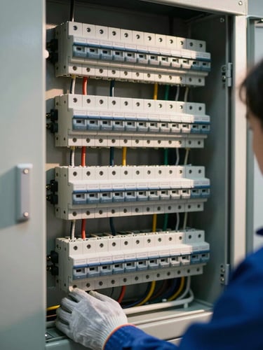 Portrait-framed close-up of a completed commercial distribution switchboard, neatly wired breakers and labelled terminals filling the frame, a technician's gloved hand resting on the open panel door in the lower corner, warm natural light from the side casting crisp shadows across the panel face, technical and precise atmosphere