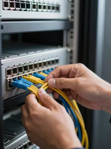 Close-up tight shot of a technician's hands terminating a structured cable into a patch panel inside a commercial server rack, natural daylight from a nearby window catching the cable colors, shallow depth of field with the rack housing softly blurred behind