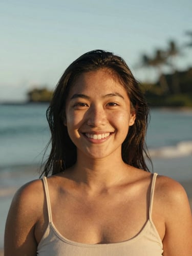 Approachable environmental portrait of Dee smiling, warm golden-hour light, Hawaii background, soft depth of field, 35mm