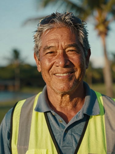 A warm, close-up portrait of Dee, a retired Hawaiian crane operator, smiling in a safety vest with soft golden-hour light and a blurred tropical background, 35mm.